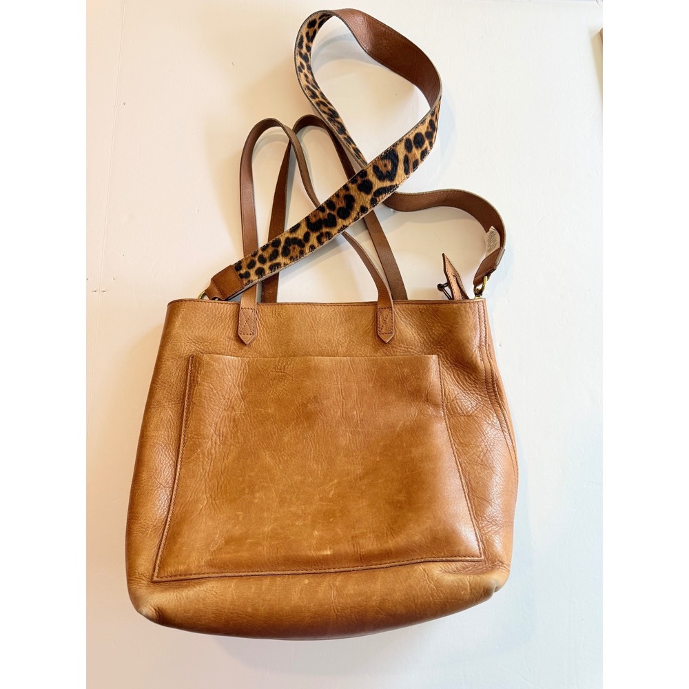 Madewell The Zip Top Medium Transport Tote Leather Bag Brown Leopard Strap